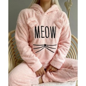 Теплая махровая женская пижама (кофта+брюки) Meow Персиковая. Photo 2