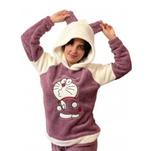 Теплая махровая женская пижама (кофта+брюки) Meow-kitty Фиолетовая с белым. Photo 3