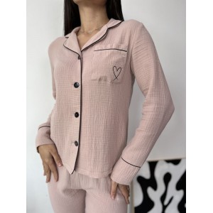 Муслиновая женская пижама (рубашка+брюки) perfect thing Бежево-розовый. Photo 2